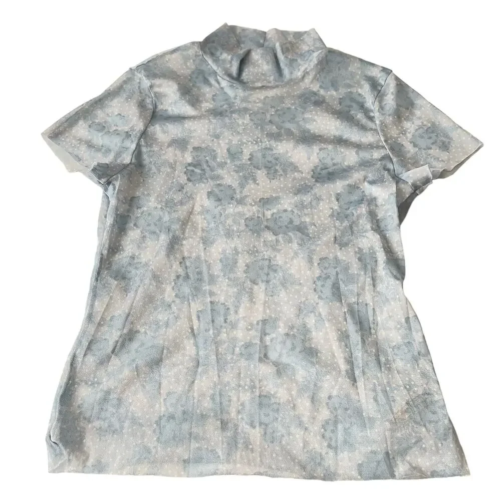 Free People Sheer Short Sleeve Mock Neck Top in Pale Blue and White